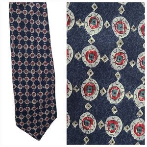 Men's Italian Silk Tie 56" Navy Blue Circle Medallion Luxury Necktie Formal Suit